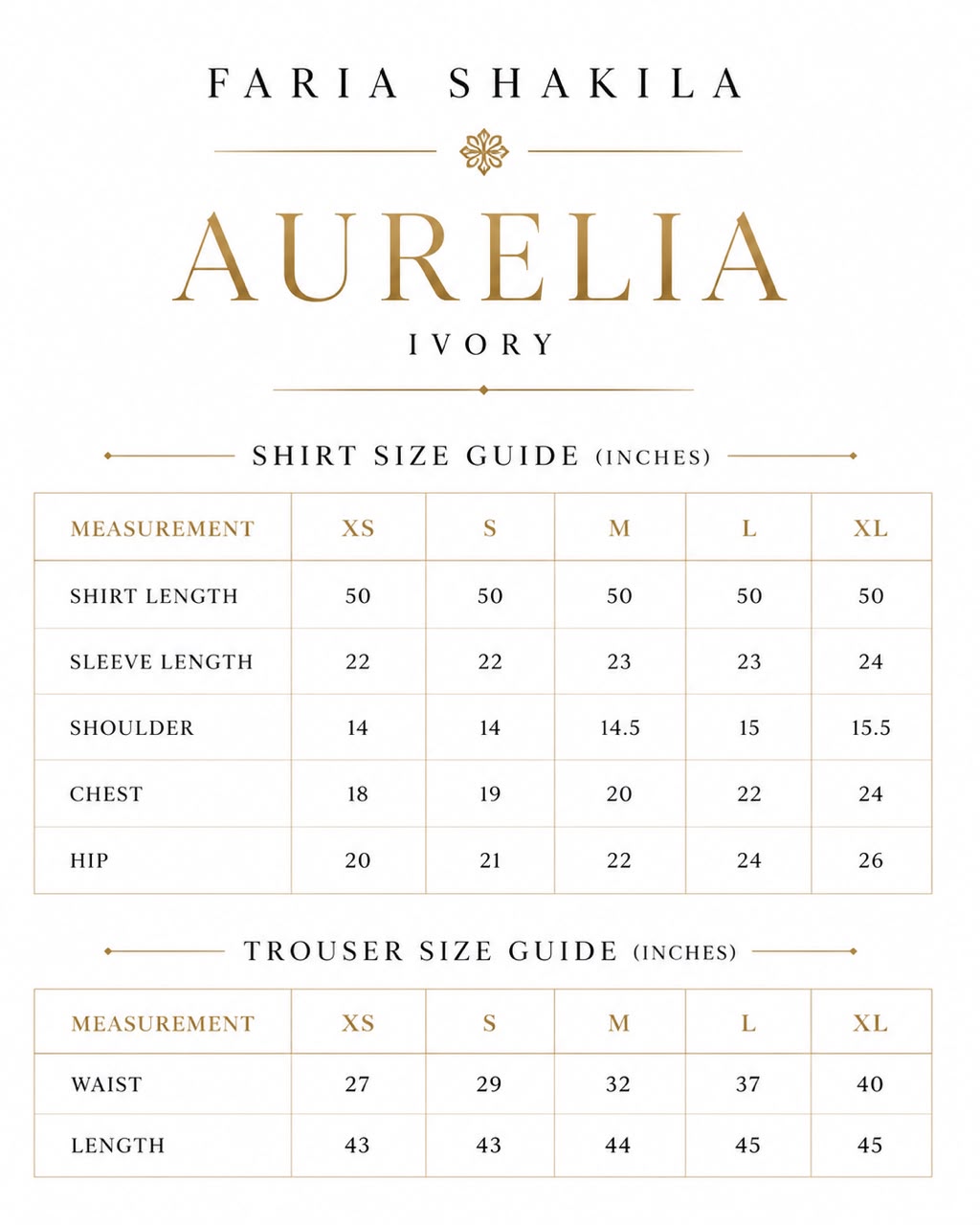 Size chart for Aurelia