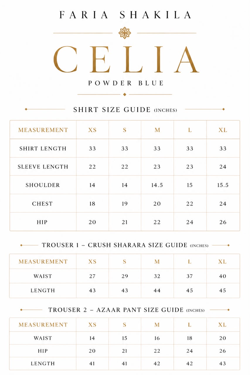 Size chart for Celia