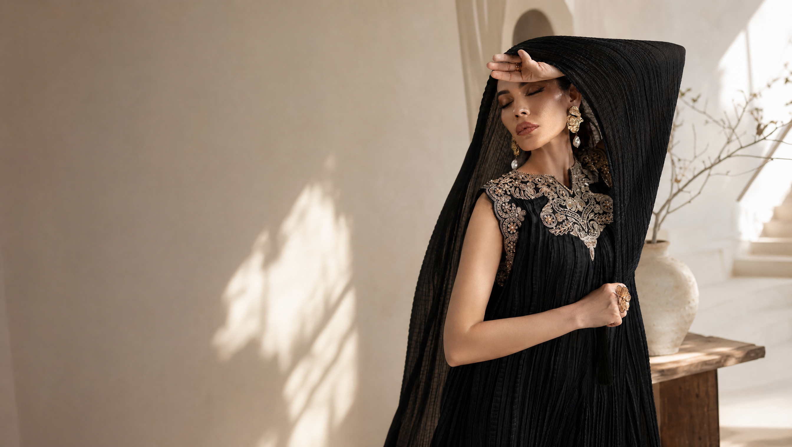 Faria Shakila homepage hero — editorial luxury fashion photograph